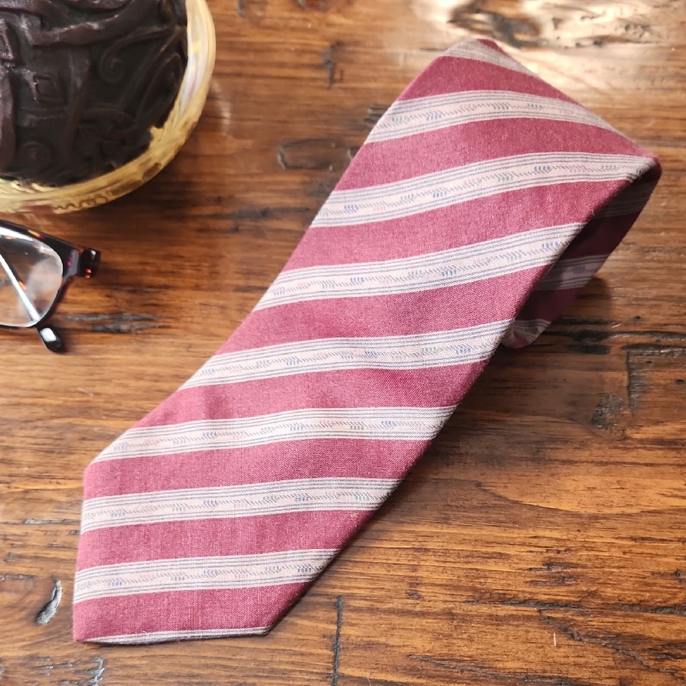 Christian Dior Burgundy and Beige With Navy Accents Striped Tie
